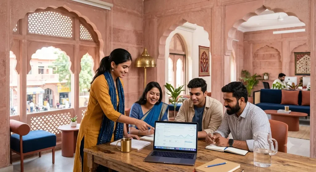 Digital marketing agency in Jaipur team analyzing campaign data in a modern office