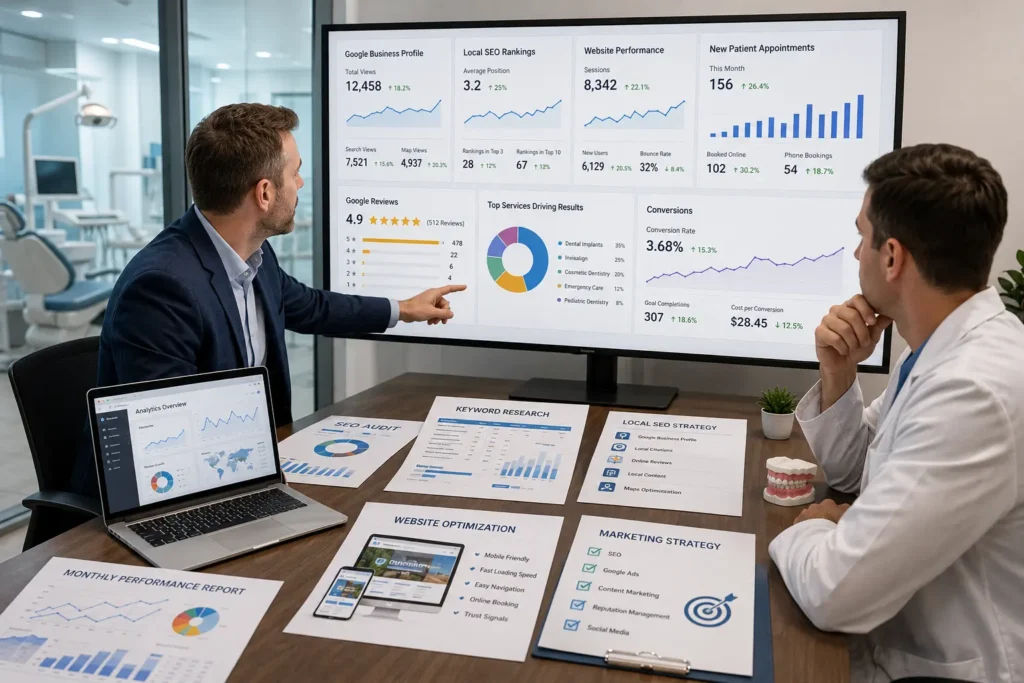 Dental marketing consultant presenting SEO strategy, website optimization, and performance analytics to a dental practice owner.