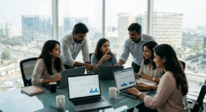 Digital marketing agency in Hyderabad team reviewing campaign analytics in a HITEC City office