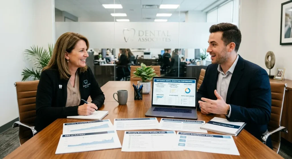 Dental practice owner evaluating a digital marketing agency using SEO reports and marketing strategy documents.
