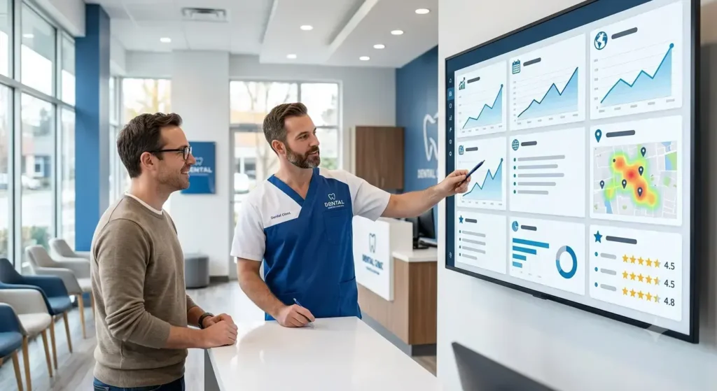 Patient comparing dental clinic websites, Google reviews, and online booking before choosing a dentist.