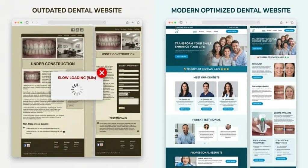 Comparison of an outdated dental website and an optimized website designed to improve patient conversions.