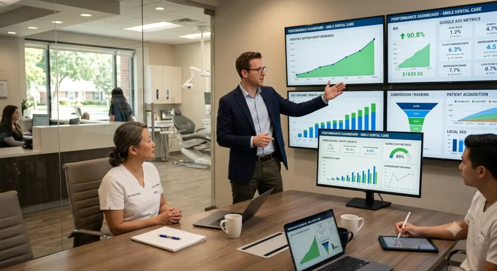 Dental marketing performance dashboard showing appointment growth, SEO results, and advertising ROI.
