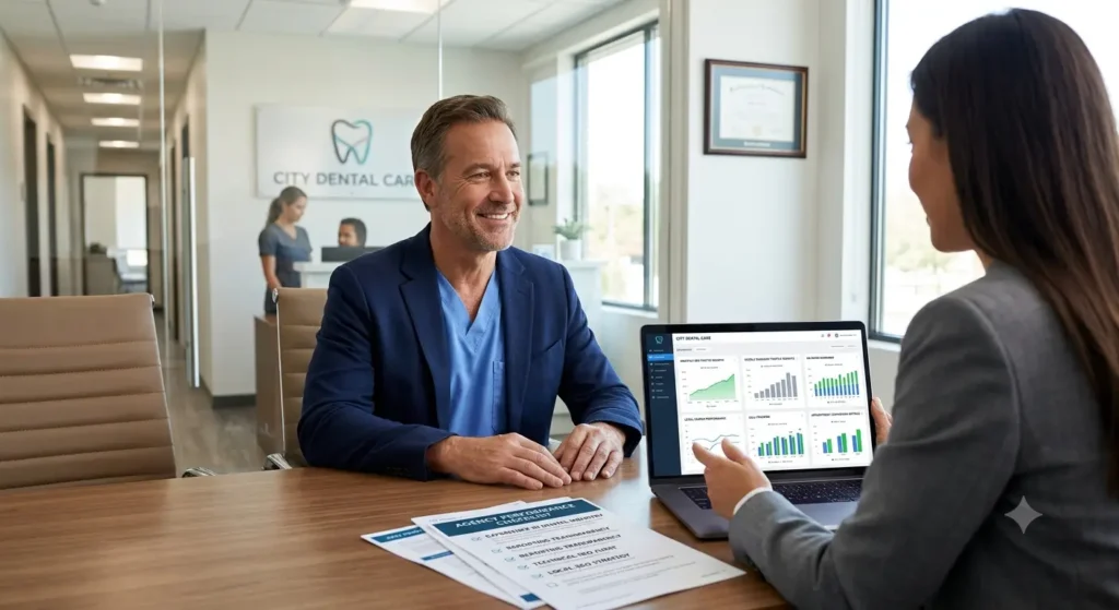 Dental practice owner reviewing SEO reports, marketing strategy, and agency performance metrics before selecting a marketing partner.